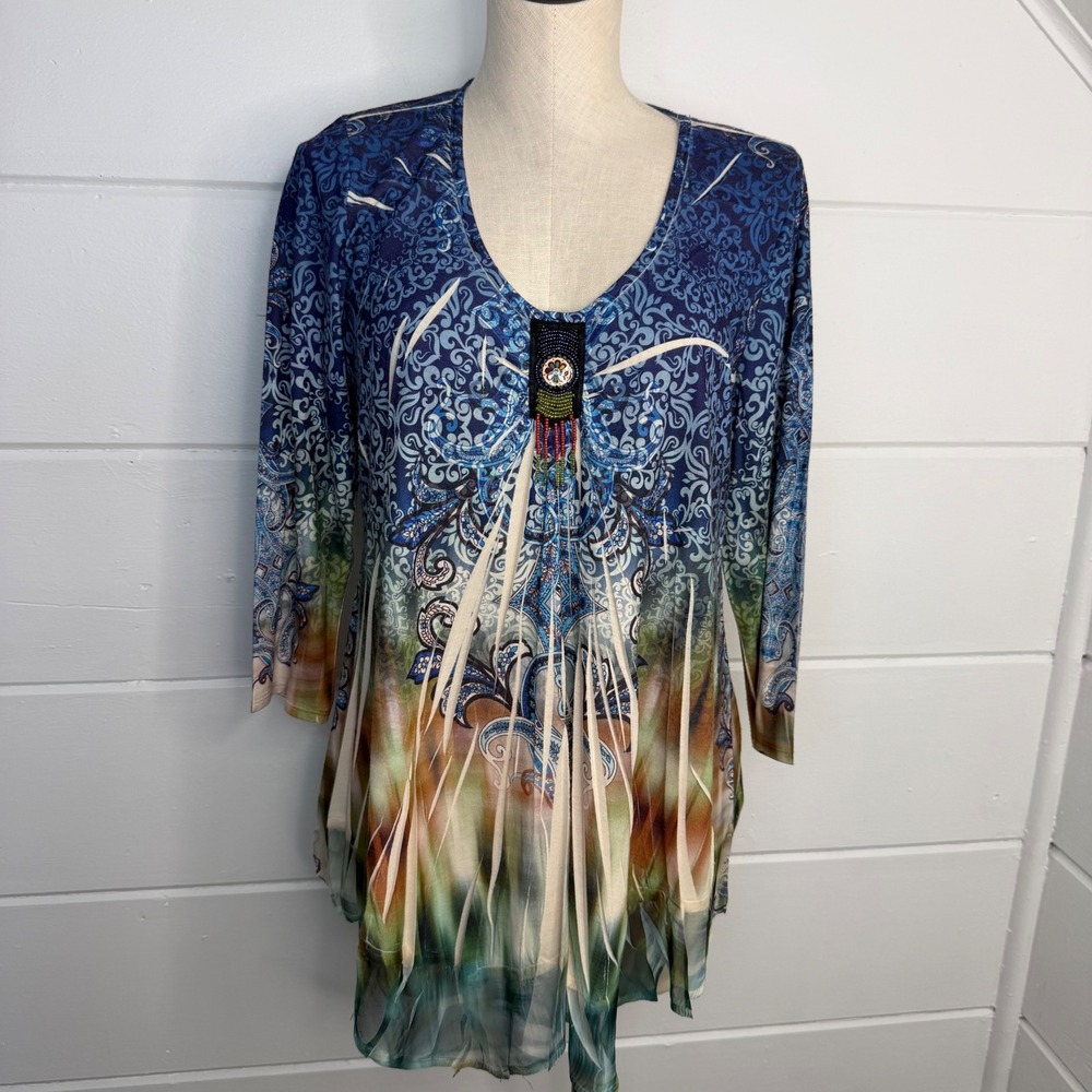 One World Fairycore Y2K Large Beaded Tie Dye Shirt 3/4 Sleeve Top‎ Boho